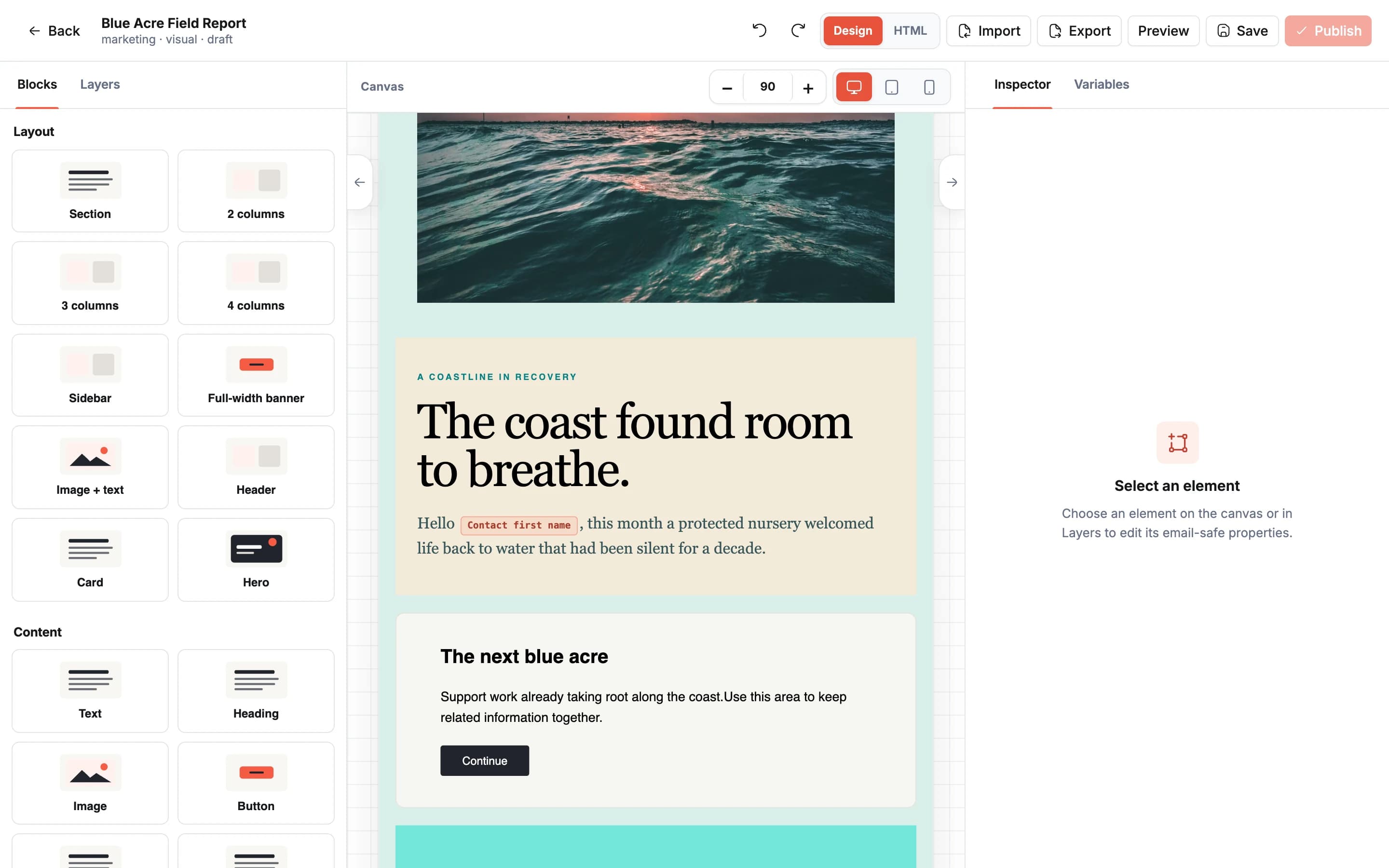 The Blue Acre campaign being edited in RouteKite's visual email editor