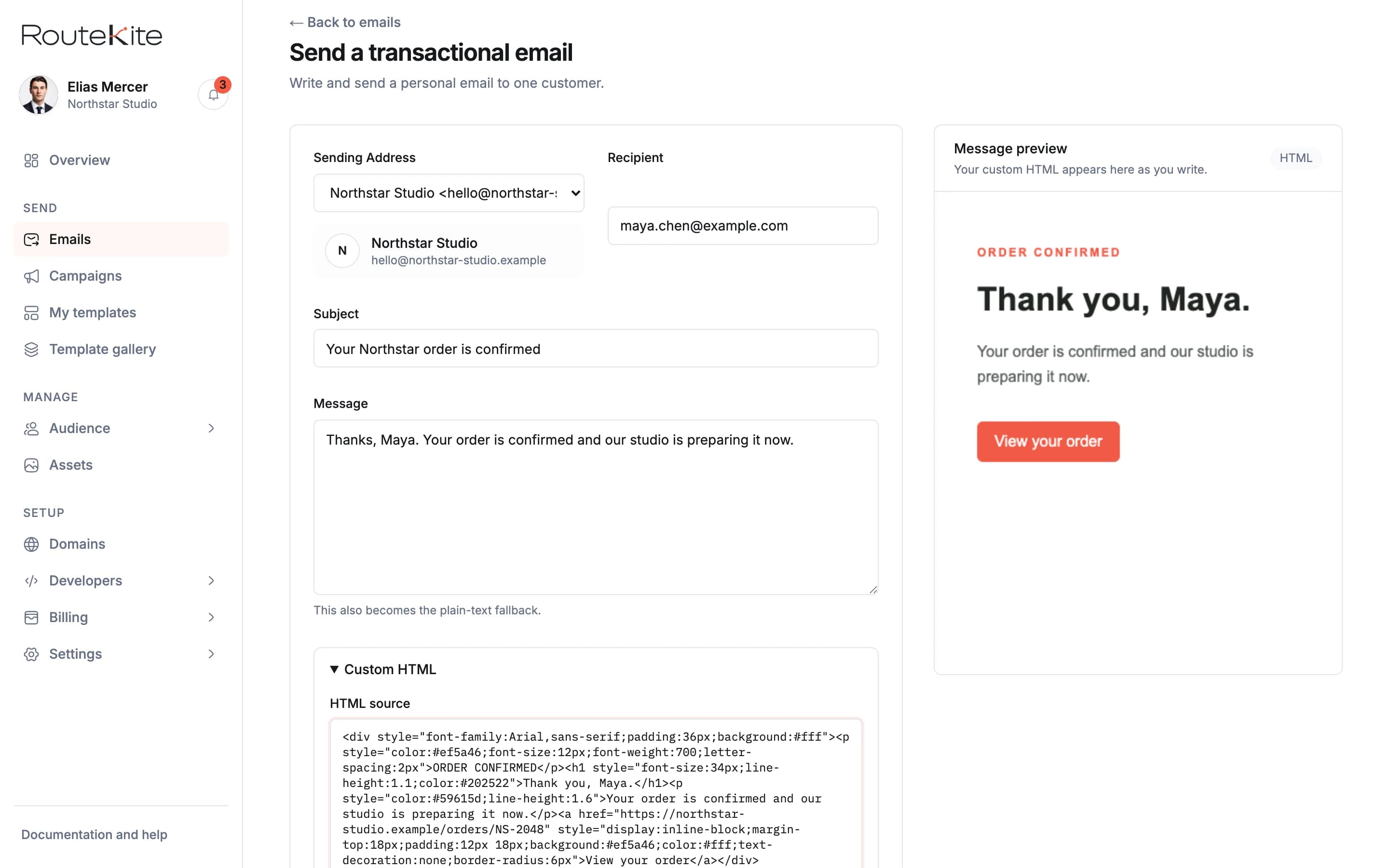 A transactional email being composed with custom HTML and a live message preview in RouteKite